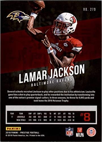 2018 Prestige NFL 279 Lamar Jackson Baltimore Ravens Rookie Card RC Panini Fotbal Card