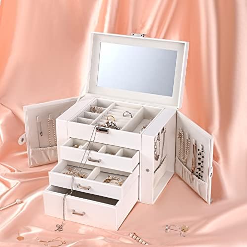 Cutie de bijuterii DQUTAR pentru femei cutie mare de organizator de bijuterii din piele cu 4 straturi cu sertare și oglindă