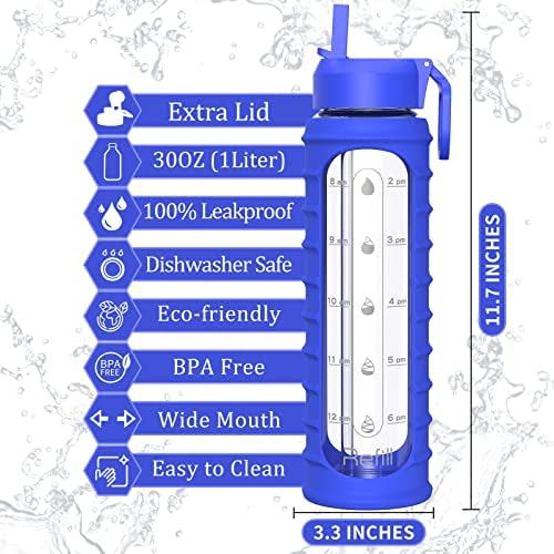 Sticlă de apă de sticlă 32 oz cu marcaj de timp și sticle de apă de paie, capac suplimentar, gura largă, 1 litru sticlă de