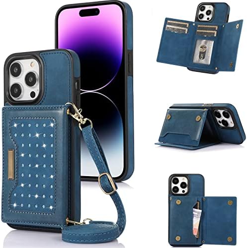 FAOMSEBS iPhone 14 Pro portofel caz Crossbody, nobil Bling piele Flip pungă acoperi cu RFID blocare carduri titular, slot de
