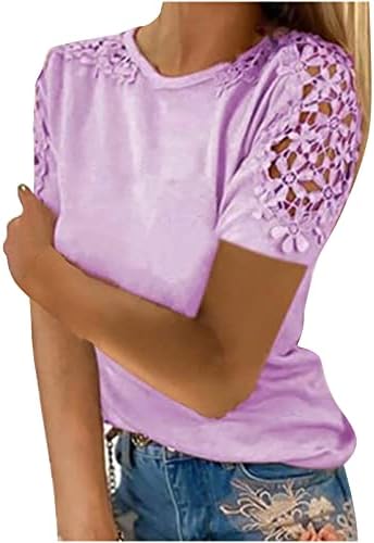 Fete adolescente dantelă cu mânecă scurtă cu dantelă de dantelă relaxată bluză potrivită echipaj gât simplu de vară bluze de