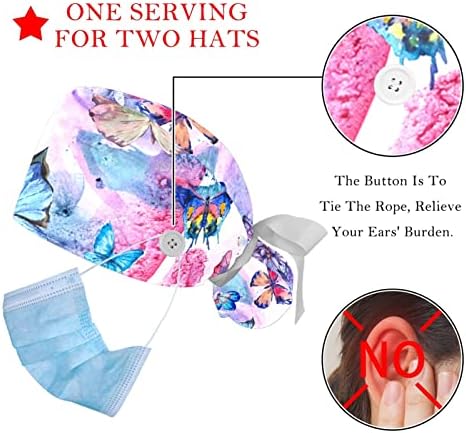 2 pachete de funcționare cu buton, cu fluture albastru fluture, pălării de scrub de fluture pentru femei părul lung