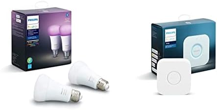 Philips Hue White și Color Ambiance 2-Pack A19 LED Smart Bulb & amp; Smart Hub, White Ambiance, Hue Hub