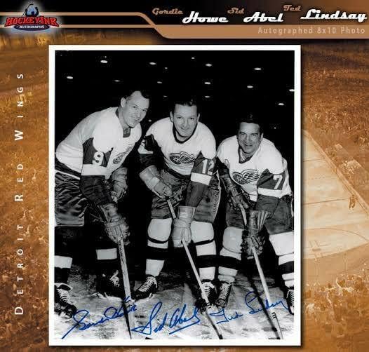Linia de producție semnată 8x10 Foto - Gordie Howe, Sid Abel și Ted Lindsay - 70000 - Fotografii autografate NHL