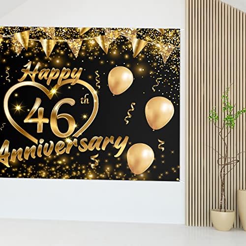 Happy 46th Anniversary Backdrop Banner Decor Black Gold-Glitter Love Heart Happy 46 de ani nunta aniversare petrecere tema