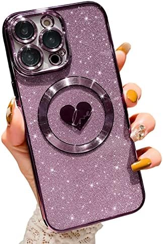 Hyuekoko compatibil cu iPhone 14 Pro Max 6,7 inch Carcasă cu magsafe, placare carcasă magnetică cu sclipici pentru femei TPU Protecția camerei de protecție a camerei pentru iPhone 14 Pro Max Purple Purple