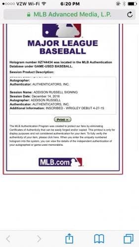Addison Russell Cubs Inscris Wrigley Debut Joc semnat folosit Baseball MLB Holo - MLB Game Autographed a folosit baseball -uri