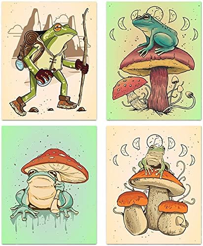 Afișă amuzantă de broaște Vintage Frog Mushroom ART ARTS, retro drăguță, ciupercă creativitate creativitate ilustrare pânză