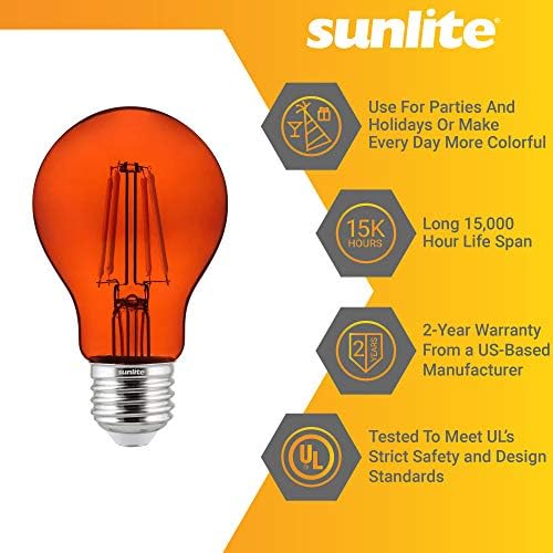 Sunlite 81085 LED Filament A19 Standard 4.5 Colorat Transparent Dimmable Bec, 2 Conta, Portocaliu