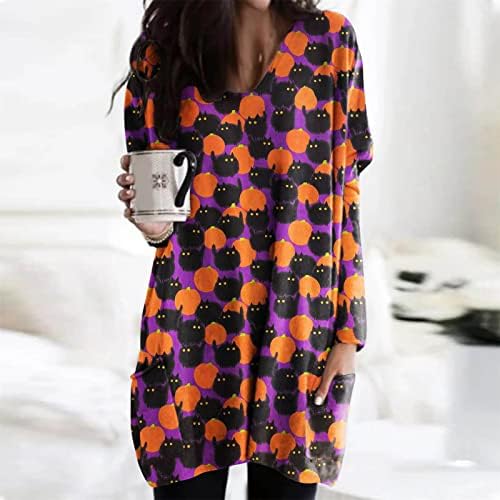 Narhbrg pentru femei rochie cu hanorac Halloween drăguță tunică cu mânecă lungă imprimată Buzunare