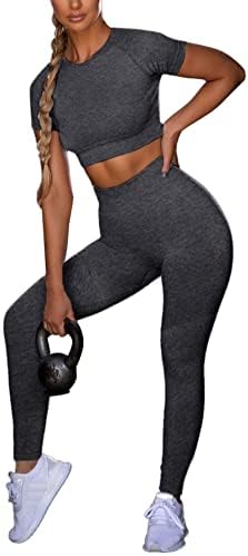 Ținute de antrenament LYANER pentru Femei Cu mânecă scurtă Crop Top și jambiere cu talie înaltă Seturi de Yoga din 2 piese