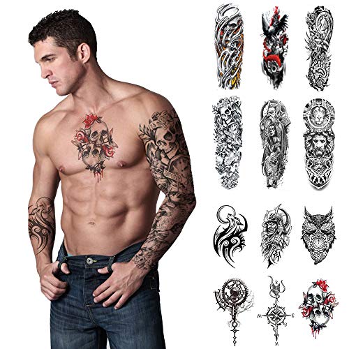 Tatuaje temporare pentru adulți bărbați femei, kit temporar de tatuaje de 12 foi, mânecă, animale dragon bufniță bijuterii